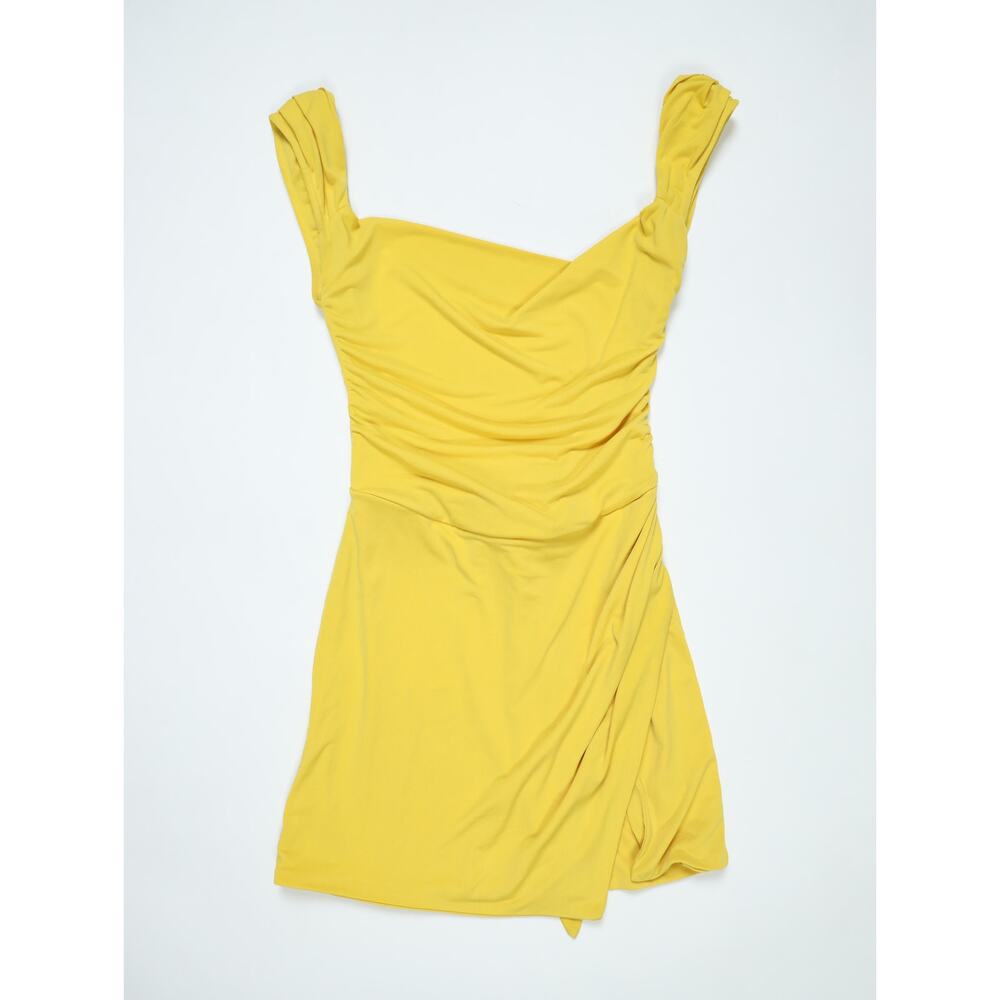 Sunshine Yellow Ruched Bodycon Mini Dress Open Back Knot Detail Y2K Going Out - Picture 9 of 16